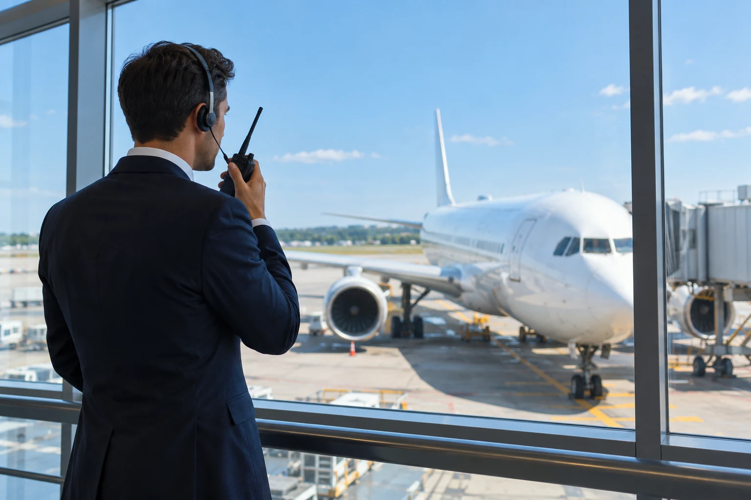 Illustrative airline representative communicating at an airport