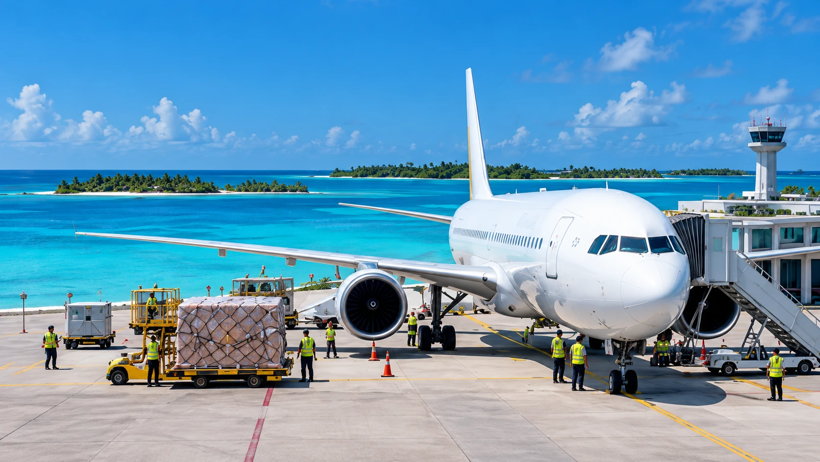 Illustrative aircraft and ground operations beside a tropical lagoon