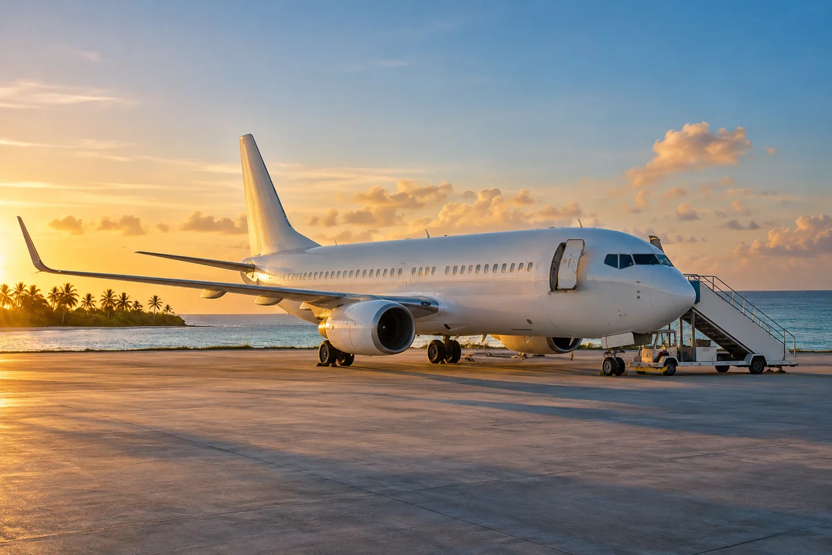 Illustrative charter passenger aircraft with boarding stairs on a coastal apron