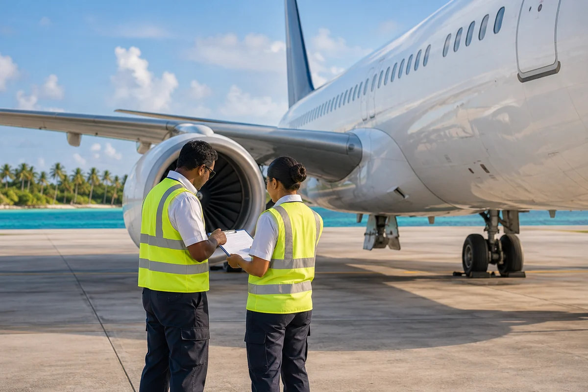 Illustrative turnaround coordinators reviewing an aircraft checklist