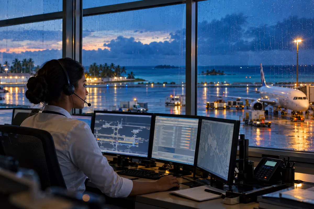 Illustrative operations coordinator working during rainy airport conditions