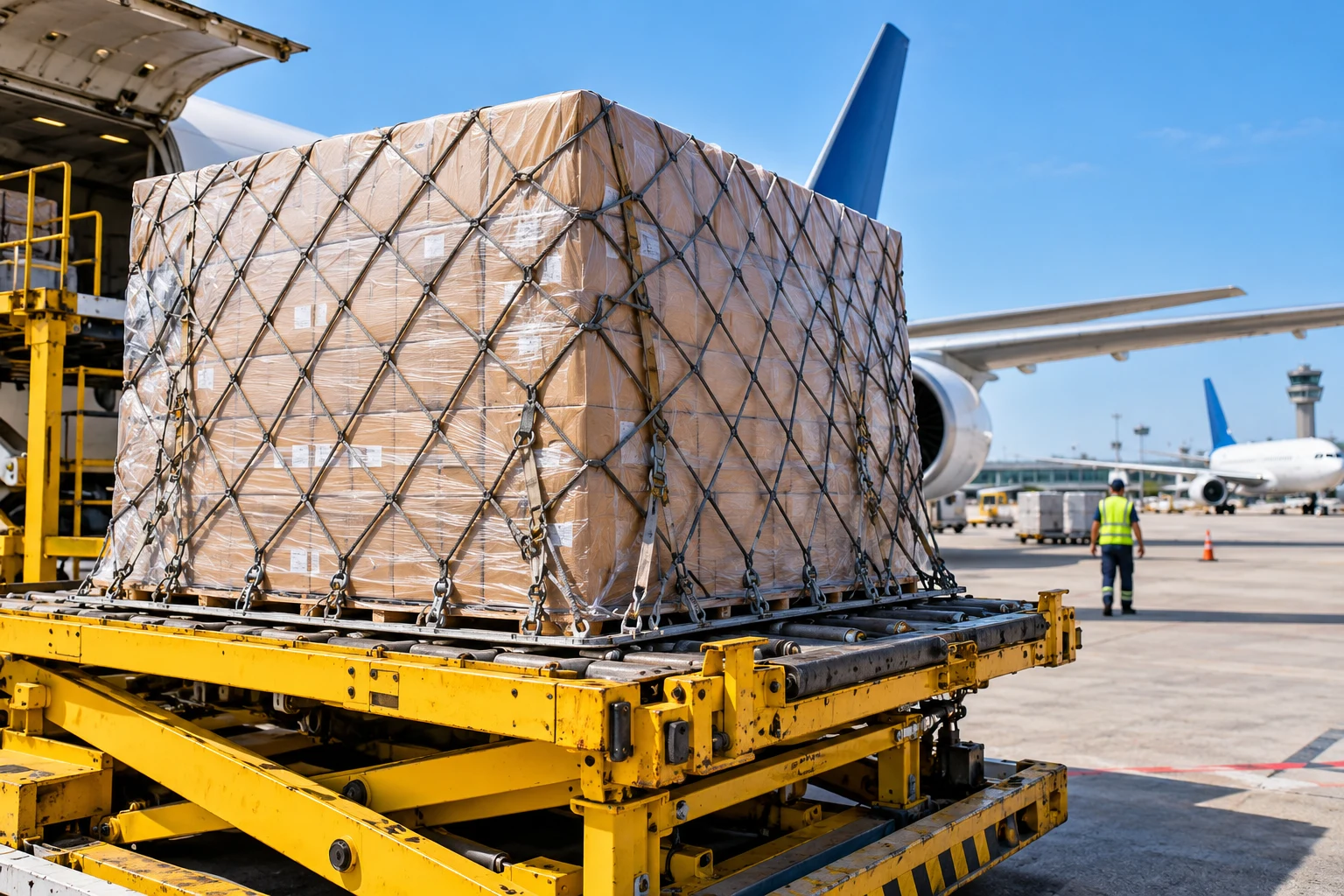 Illustrative netted cargo pallet and airport loading equipment