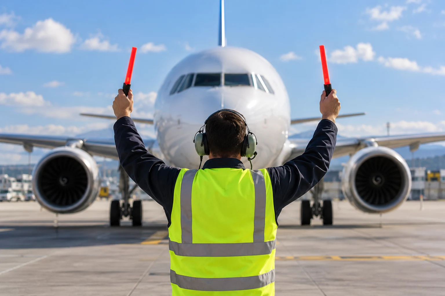 Illustrative airport marshaller guiding an aircraft