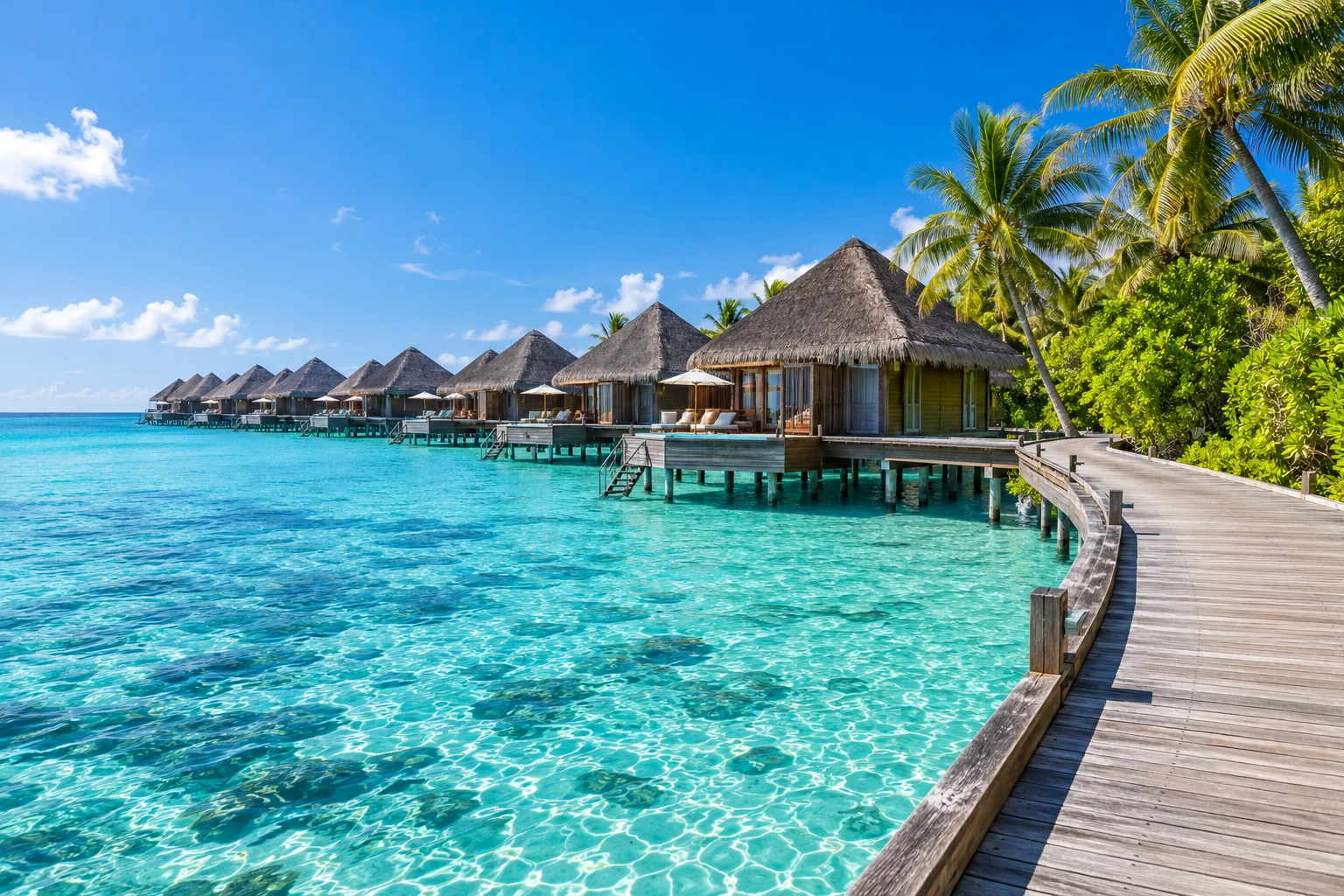 Illustrative tropical lagoon with overwater villas